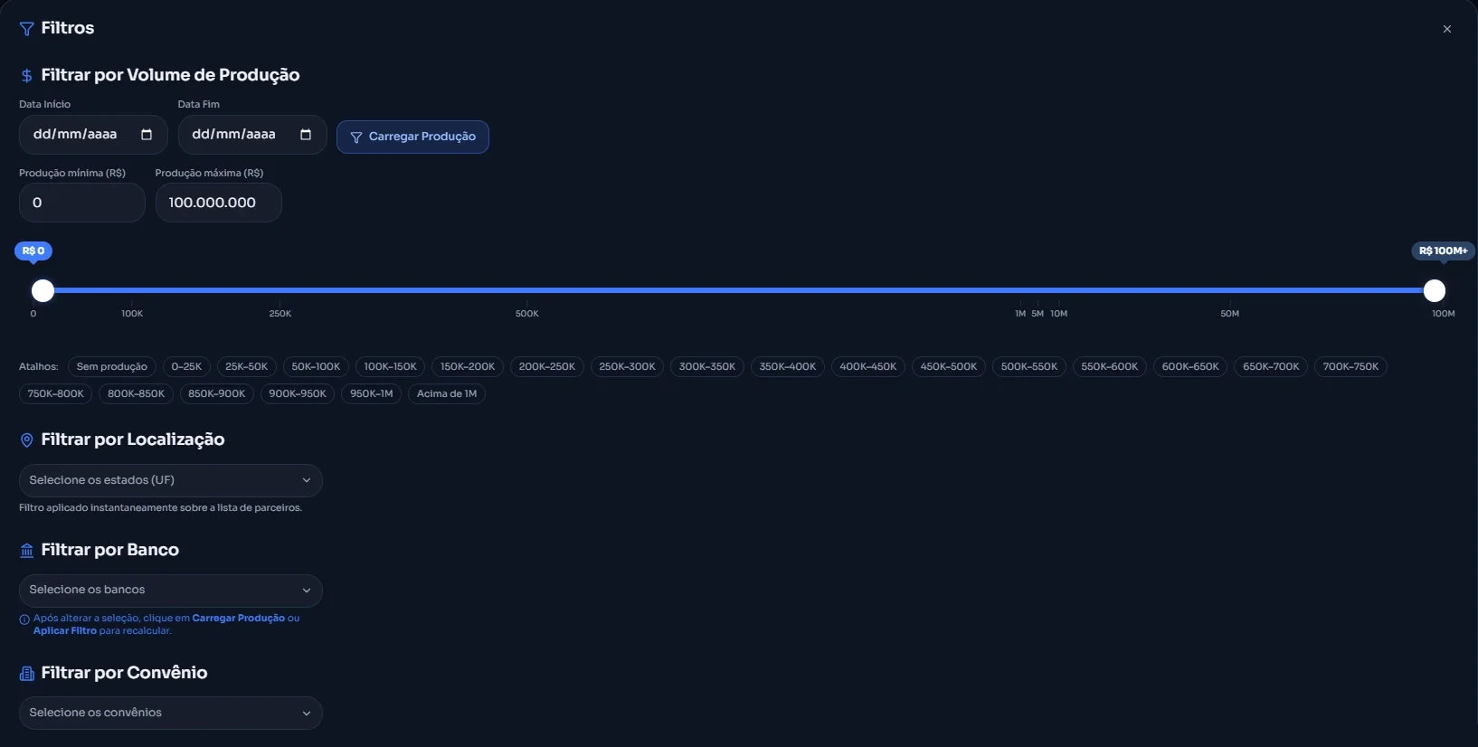 Filtros por volume de produção, UF, banco e convênio (dados fictícios)